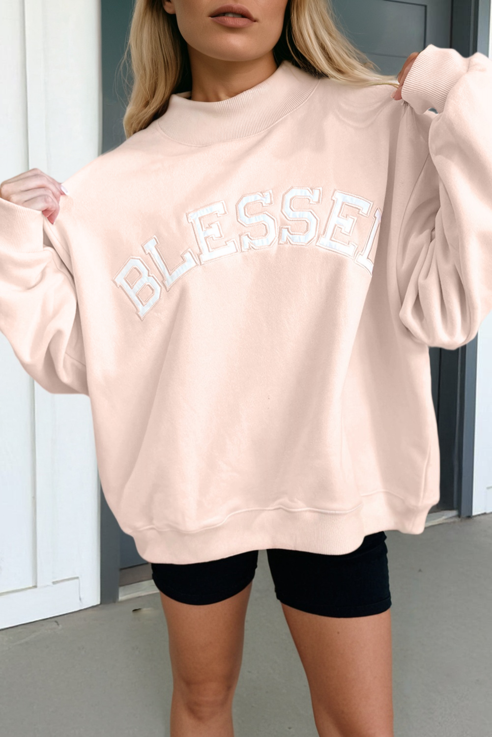 Oversize Blessed Embroidered Mock Neck Sweatshirt