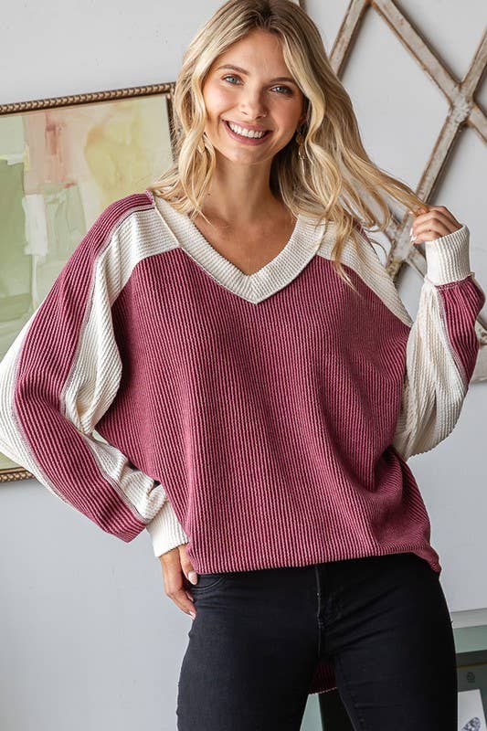 Rib V Neck Long Sleeve Top
