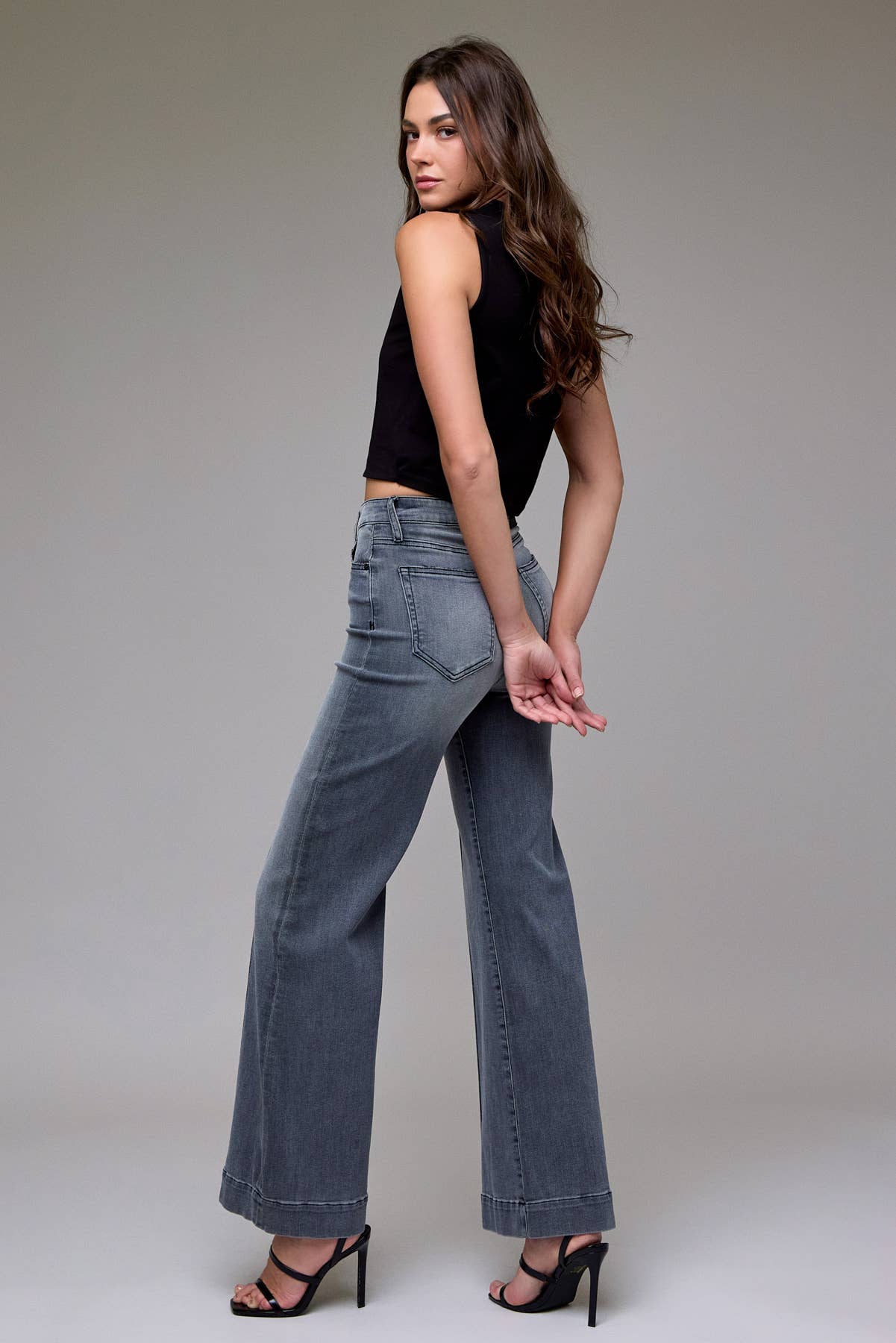 Grey Wash Pintuck High Rise Comfort Flare