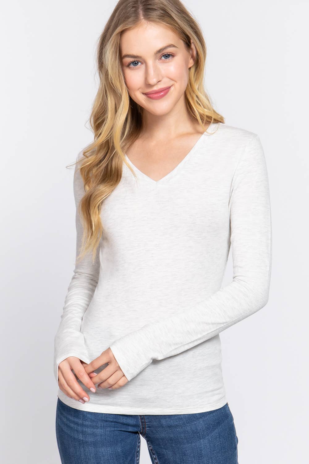 Basic Solid Long Sleeve V Neck Top