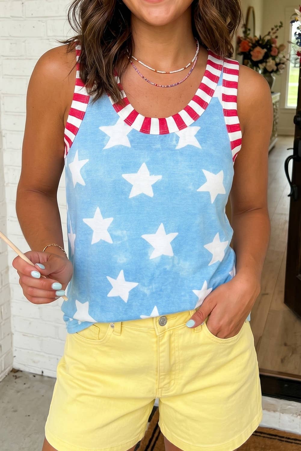 LAS Dye Star Print Striped Trim Casual Tank Top