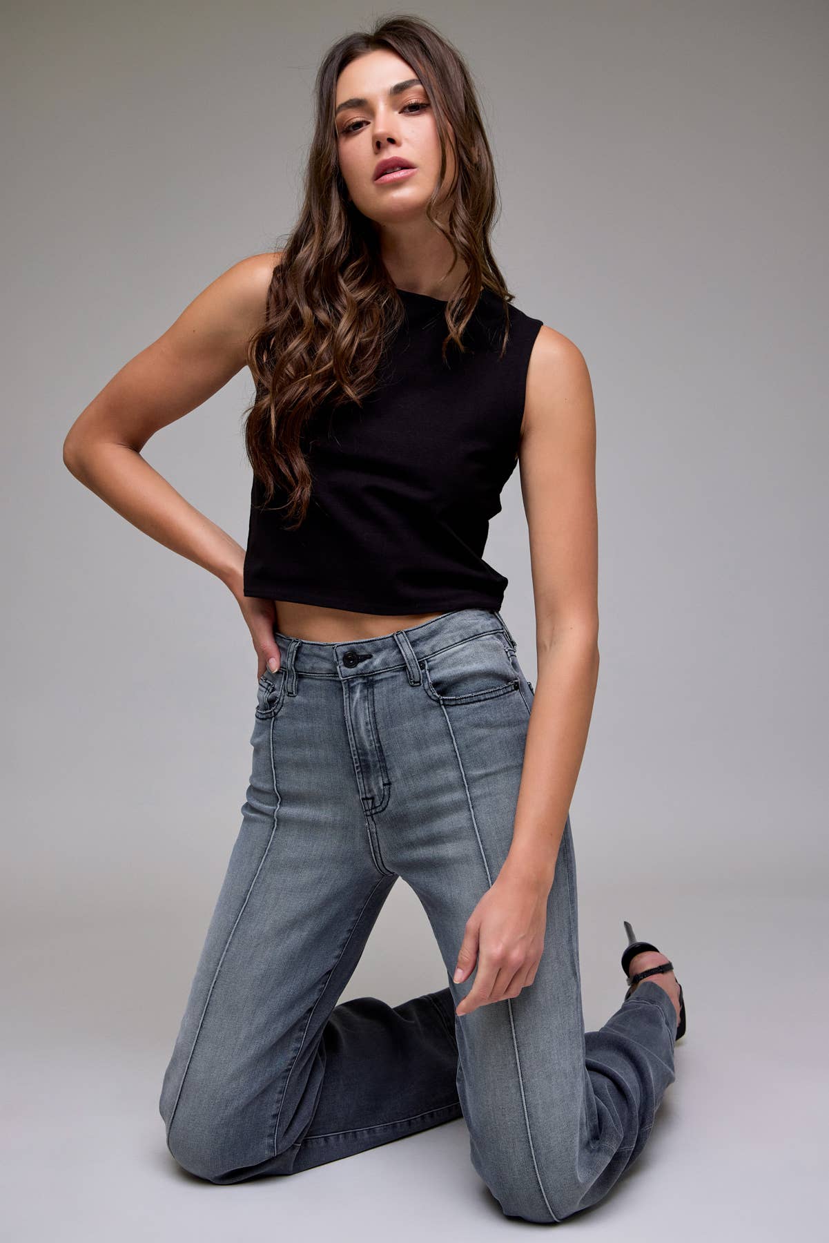 Grey Wash Pintuck High Rise Comfort Flare