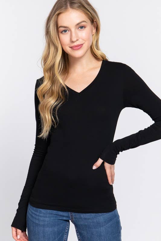 Basic Solid Long Sleeve V Neck Top