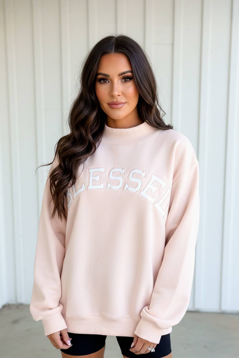 Oversize Blessed Embroidered Mock Neck Sweatshirt