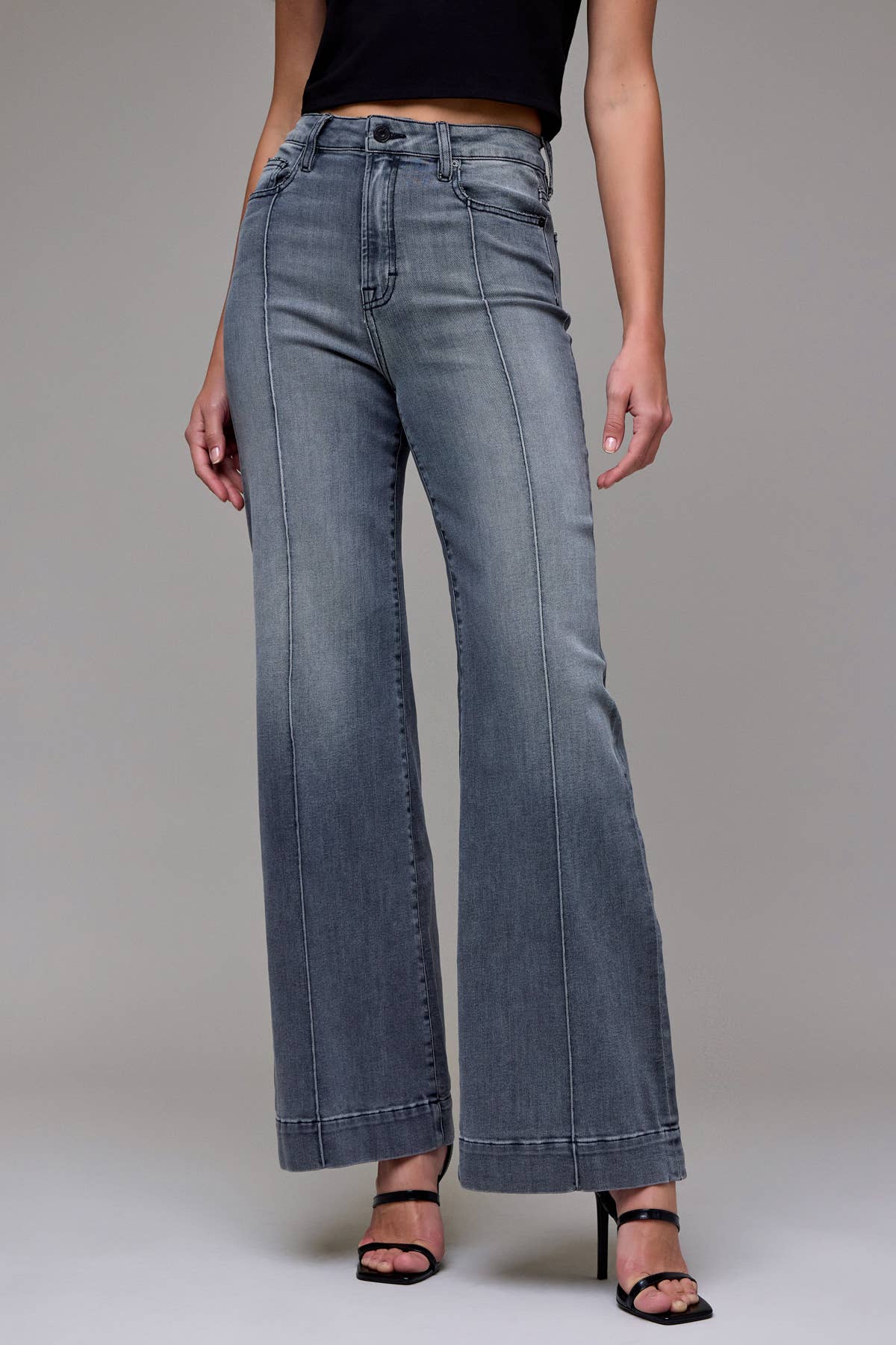 Grey Wash Pintuck High Rise Comfort Flare