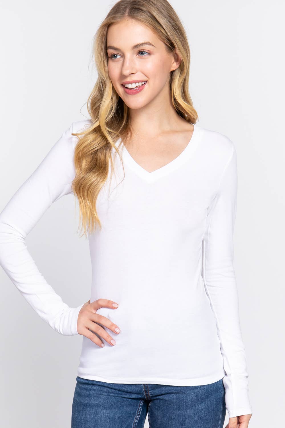 Basic Solid Long Sleeve V Neck Top