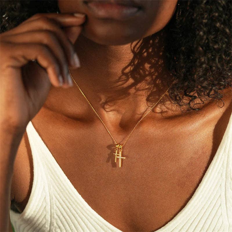 Gold Double Cross Pendant Necklace in 925 Sterling Silver