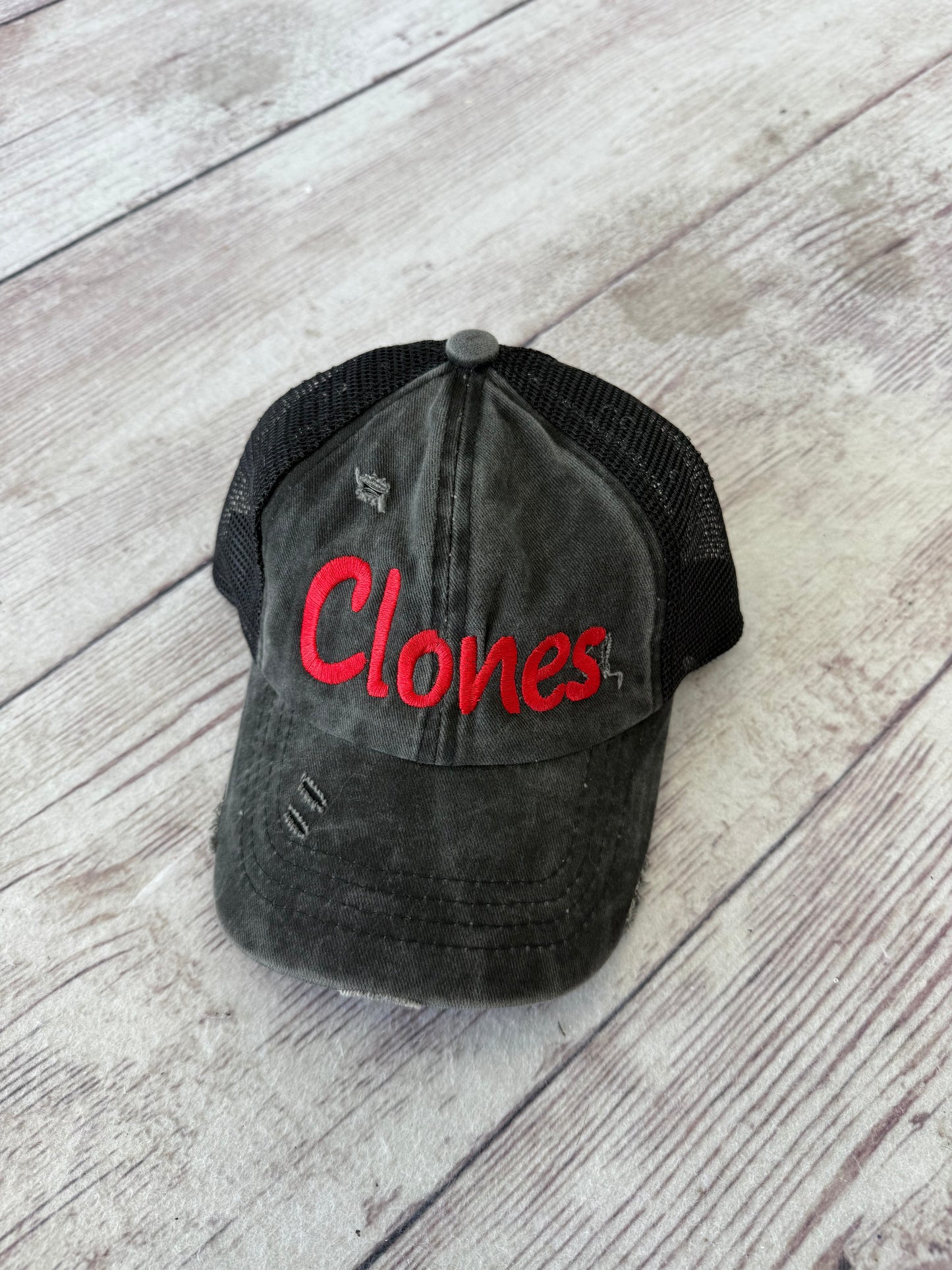 Kids Black Clones Embroidered Ponytail Hat