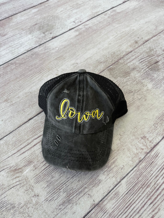 Kids Black Iowa Embroidered Ponytail Hat