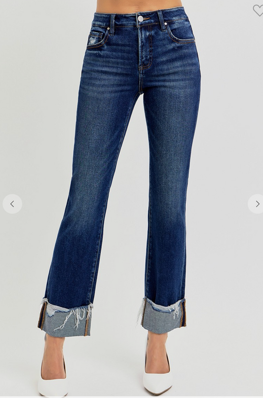 Tummy Control High Rise Crop Straight Cuffed Jeans