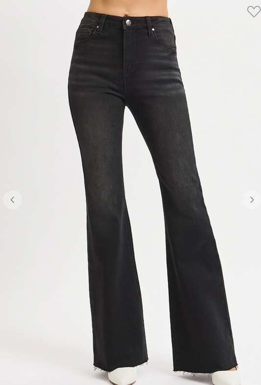 High Rise Flare Raw Cut Hem Jeans