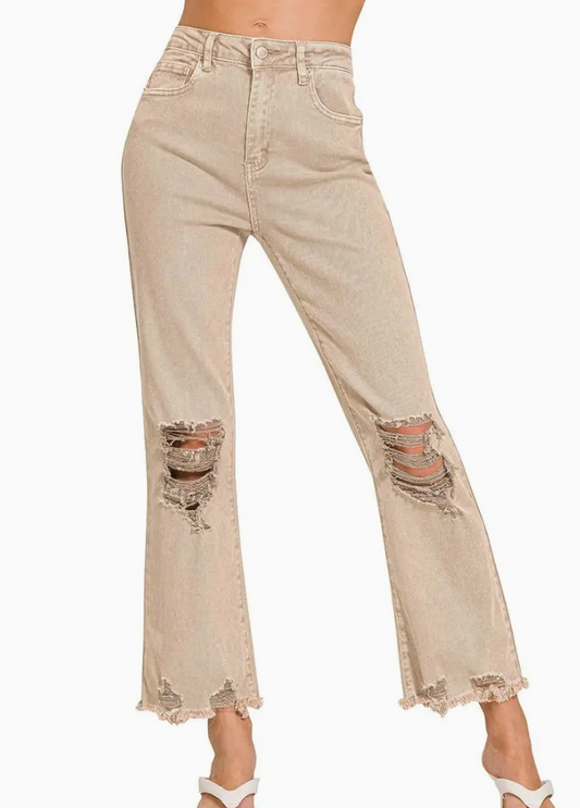Acid Washed High Waist Distressed Straight Pants