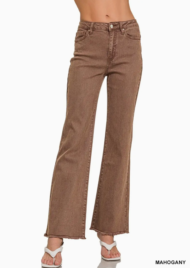 Acid Washed Frayed Cutoff Hem Straight Wide Pants