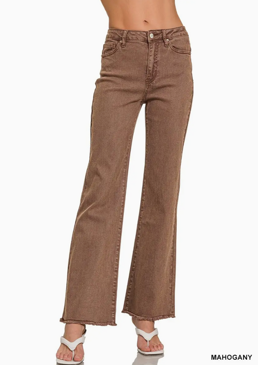 Acid Washed Frayed Cutoff Hem Straight Wide Pants