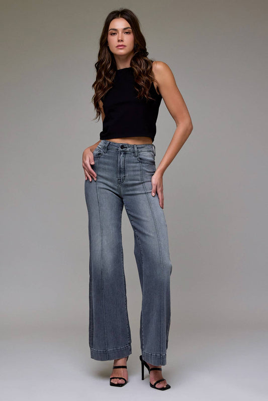 Grey Wash Pintuck High Rise Comfort Flare