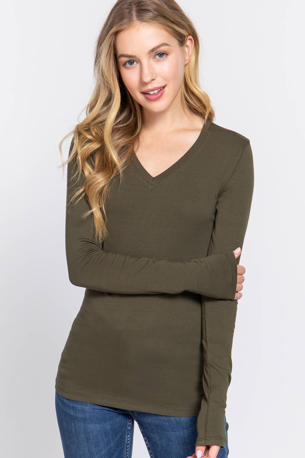 Basic Solid Long Sleeve V Neck Top