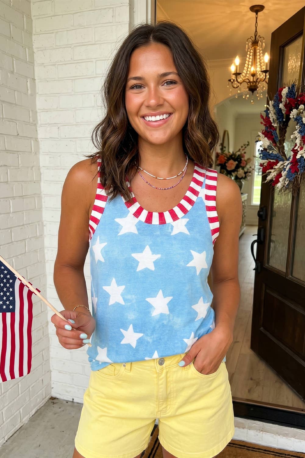 LAS Dye Star Print Striped Trim Casual Tank Top