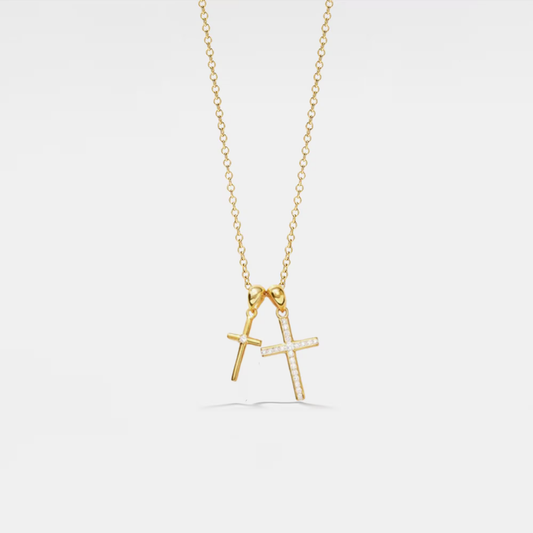 Gold Double Cross Pendant Necklace in 925 Sterling Silver