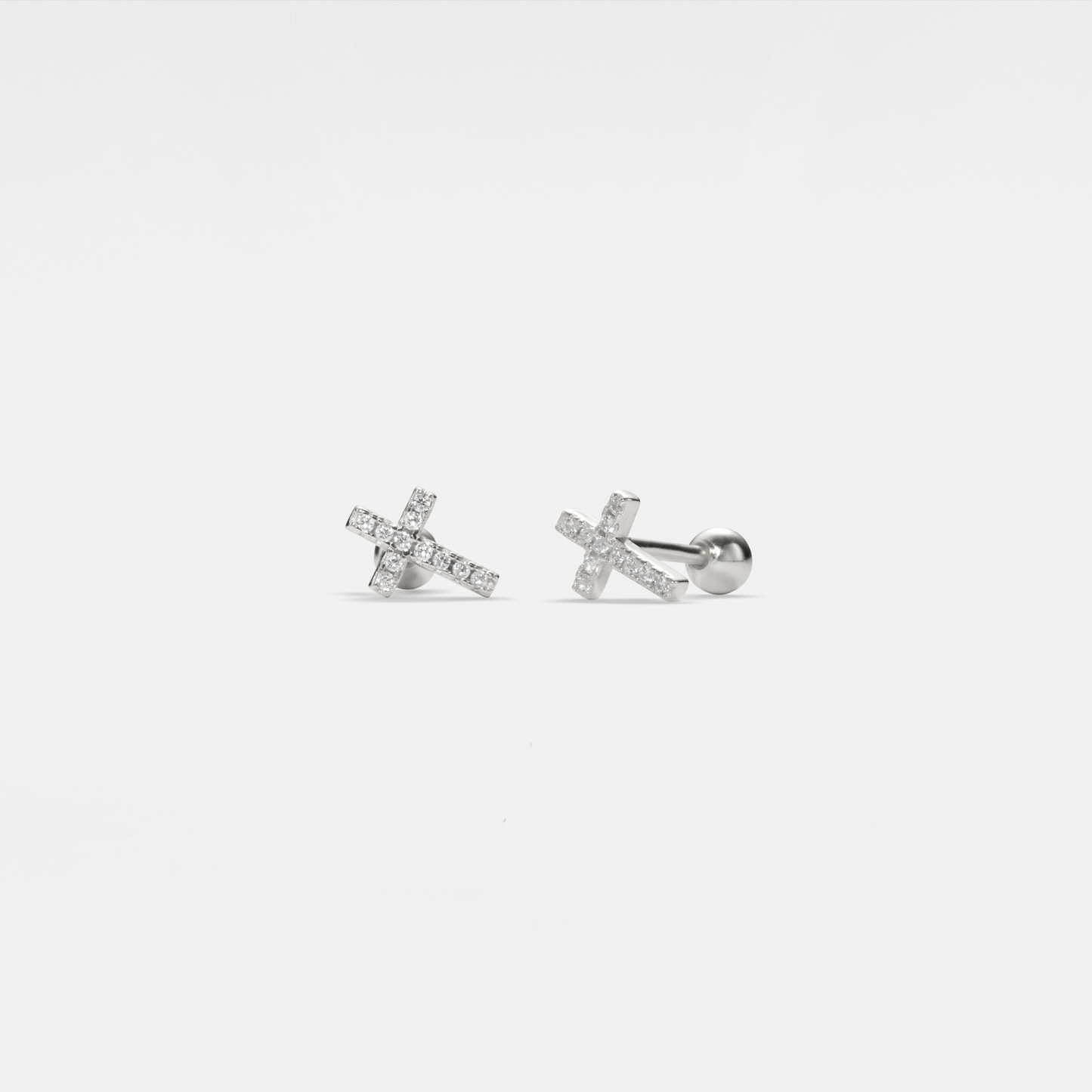 Tiny Cross Ball End Stud Earrings in 925 Sterling Silver