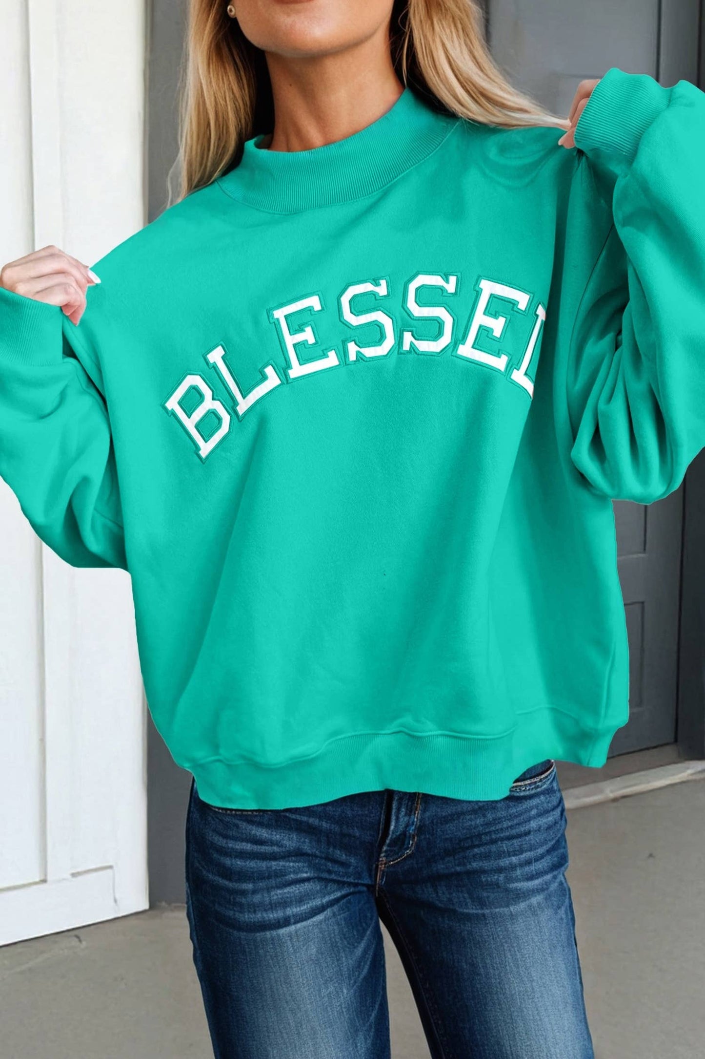Oversize Blessed Embroidered Mock Neck Sweatshirt